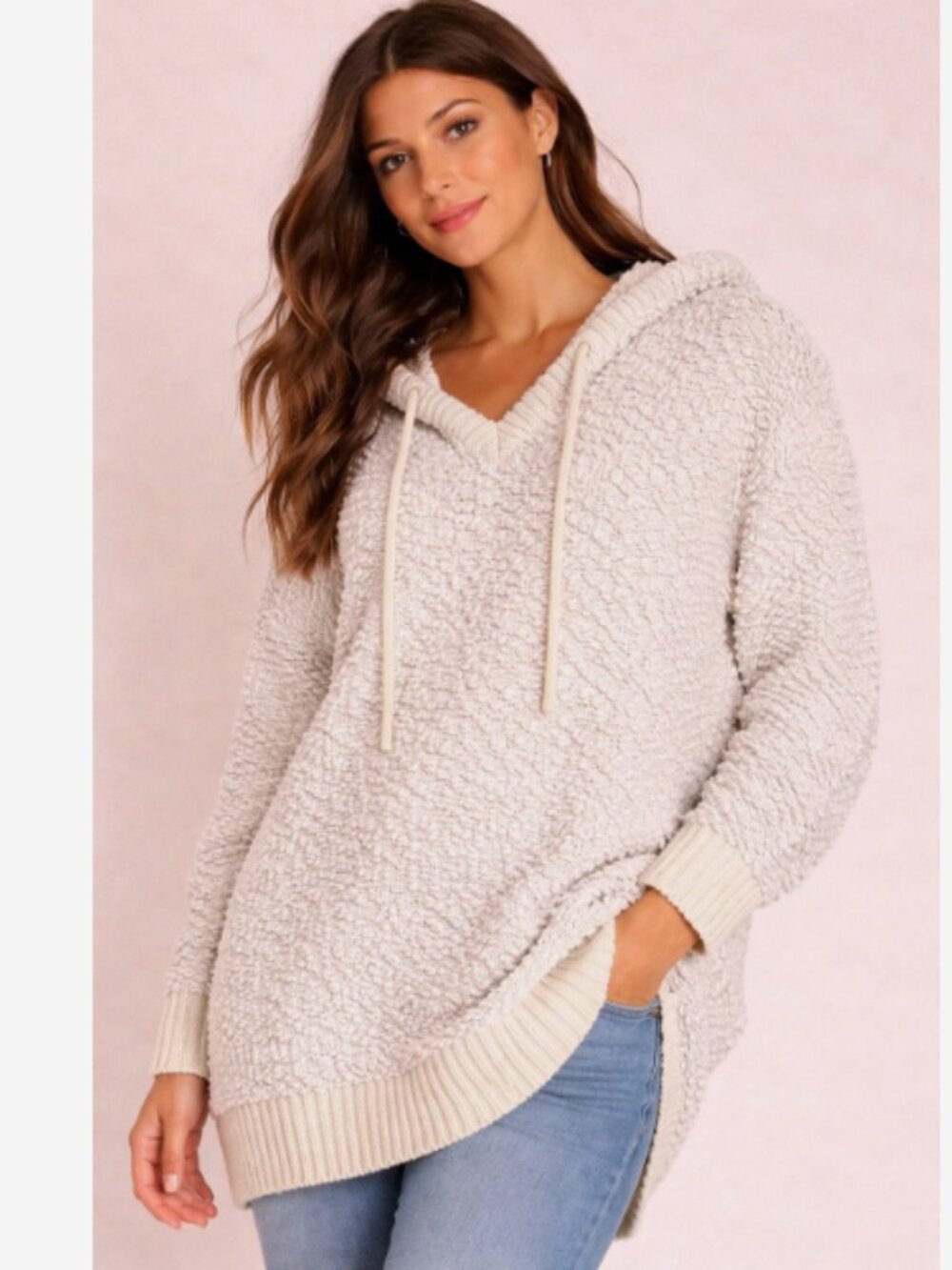 POL Ivory Bouclé Pullover Hoodie Sweater Women's Size M